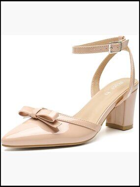 Chunky Block Heel Pumps Pointed Toe D'Orsay Slingback Bow Ankle Strap Low Heel